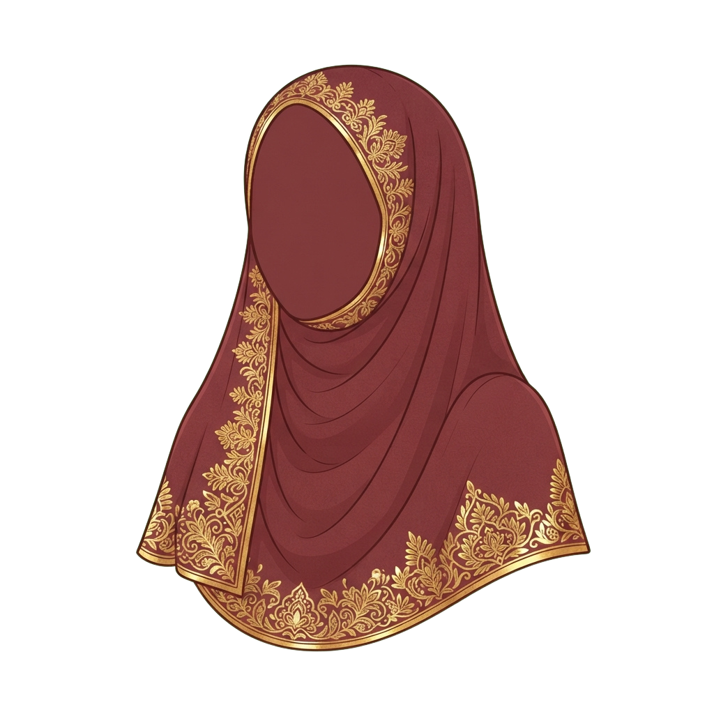 Maroon hijab featuring intricate gold floral embroidery along the edges