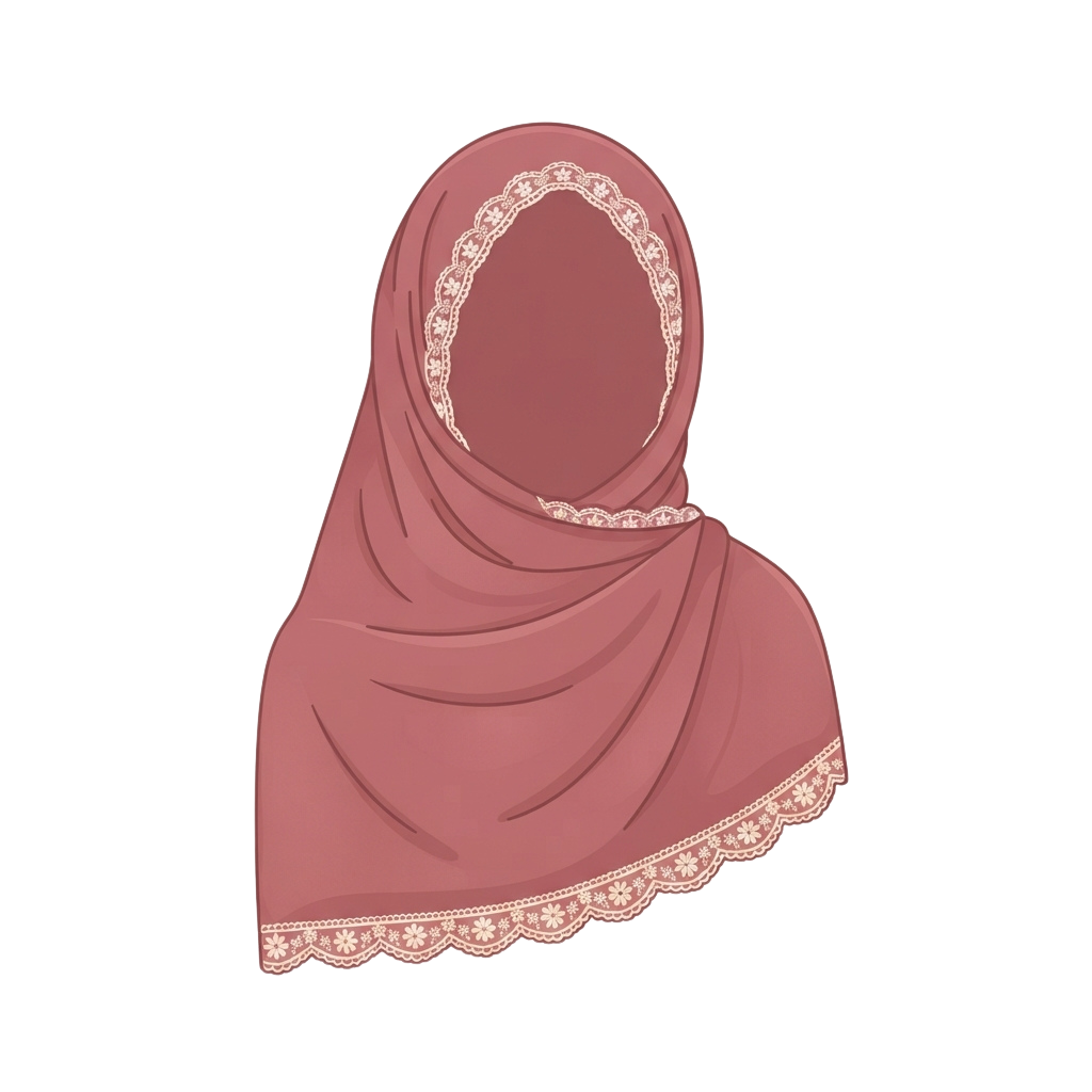 Illustration of a pink headscarf with lace trim around the edges and head opening