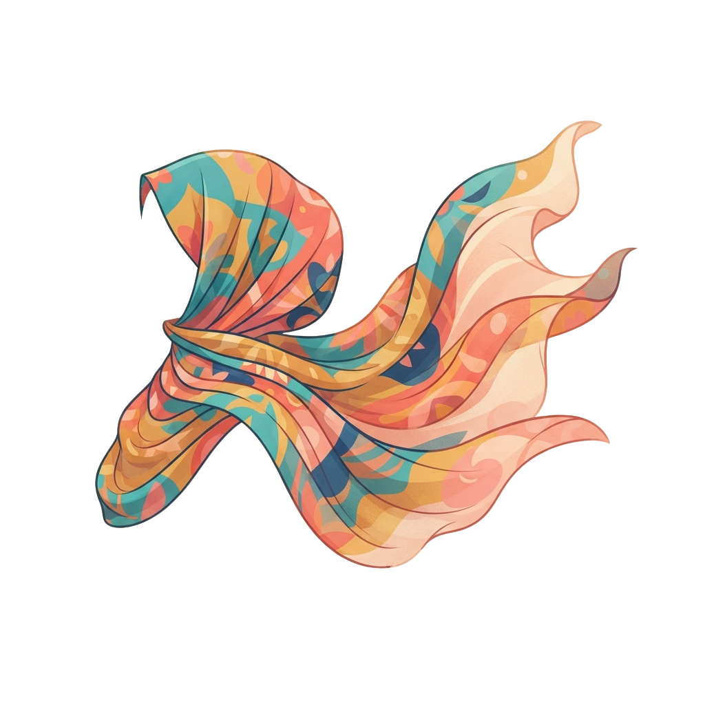 A stylized, abstract illustration of a flame with vibrant, swirling colors in shades of orange, blue, and pink.