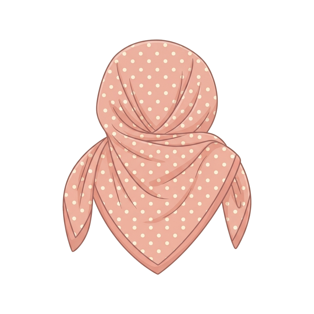 Pink fabric scarf with white polka dots tied in a loose knot style