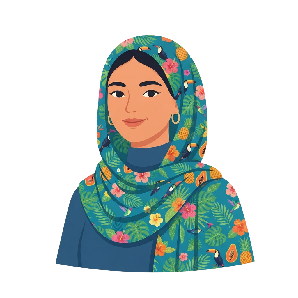 Illustration of a smiling woman wearing a blue hijab with tropical floral patterns and hoop earrings