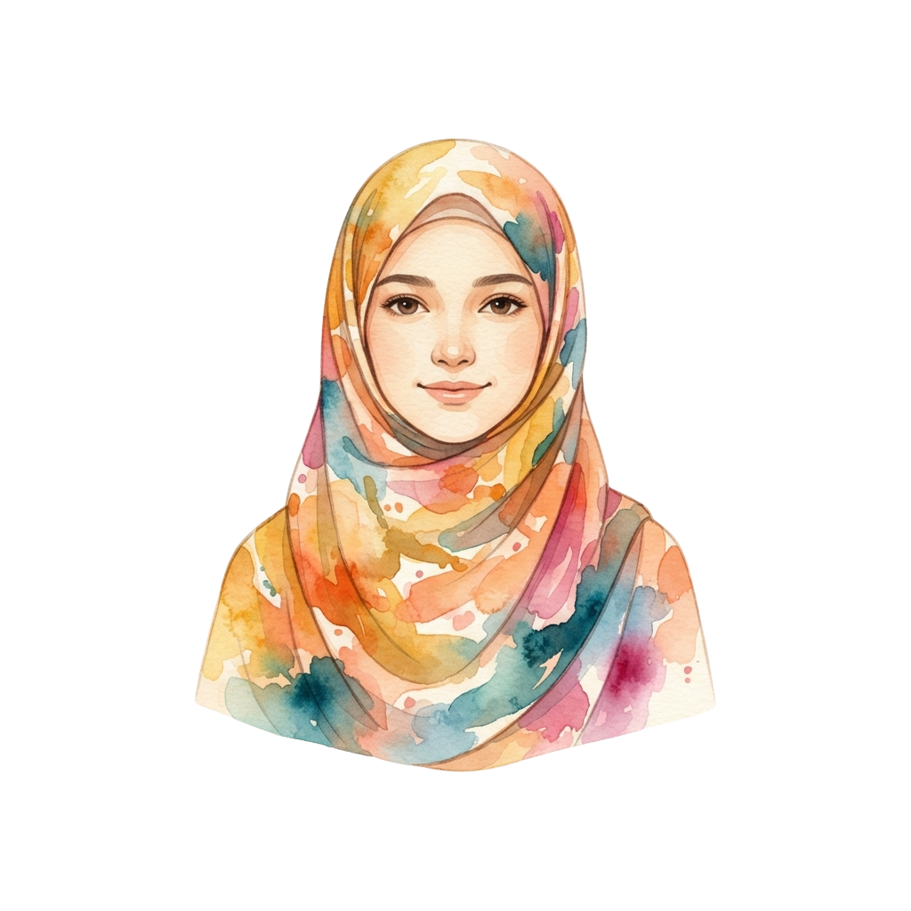 Portrait of a smiling woman wearing a colorful, watercolor-style hijab