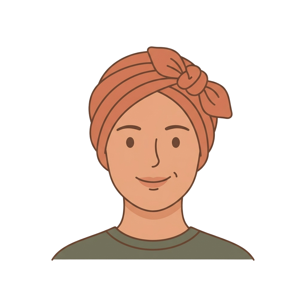 Smiling person wearing a light orange turban-style headscarf with a bow on top