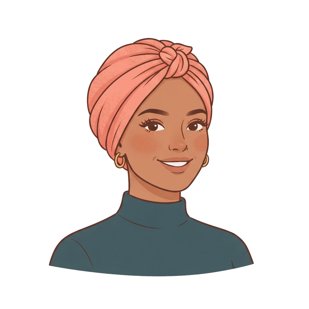 Smiling woman with a pink headwrap tied in a knot and wearing a dark turtleneck sweater