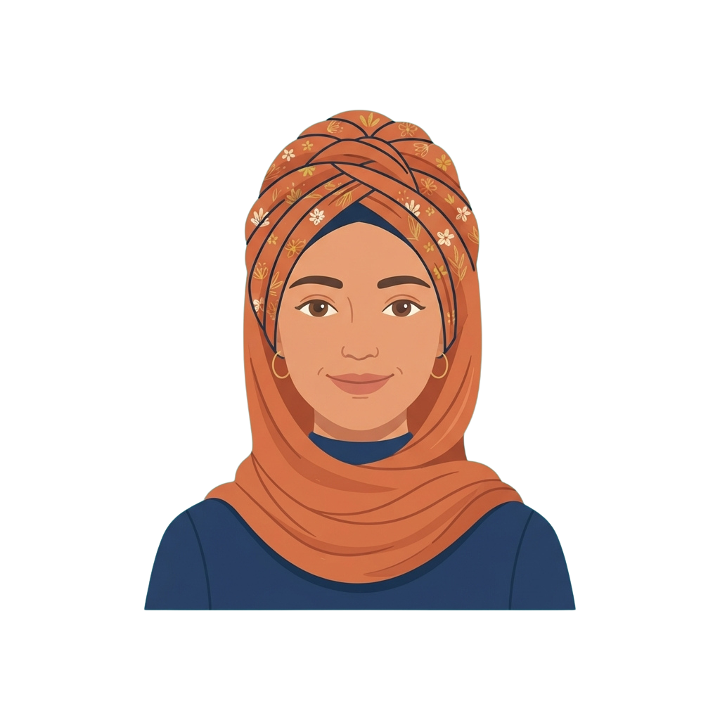 Illustration of a smiling woman wearing an orange hijab with floral patterns and a blue top