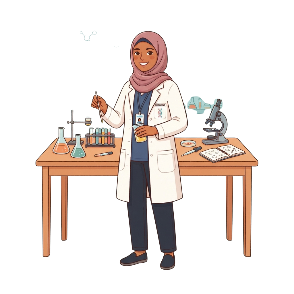 A scientist wearing a lab coat and hijab stands in a lab holding a test tube and notebook, smiling.