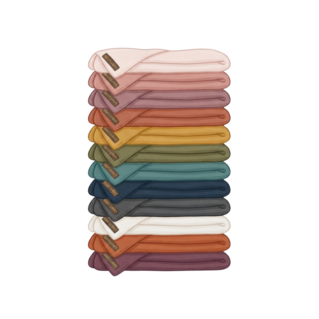 A vertical stack of folded jumpsuits in various pastel and bright colors against a black background