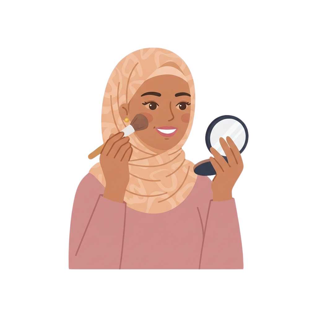 Illustration of a woman wearing a hijab applying blush with a makeup brush while holding a compact mirror