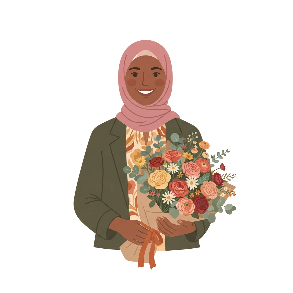 A smiling woman in a hijab holding a bouquet of colorful flowers