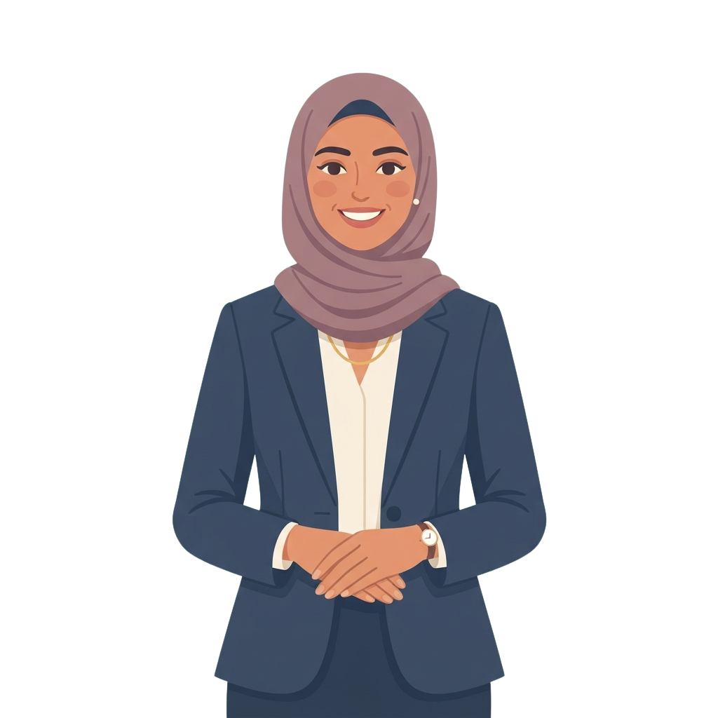 Smiling professional woman wearing a hijab, blazer, and white shirt with hands clasped