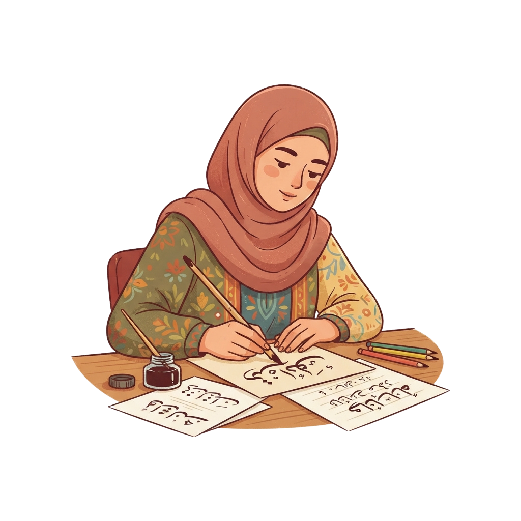 A woman wearing a hijab practices Arabic calligraphy with a pen and ink on paper at a wooden desk