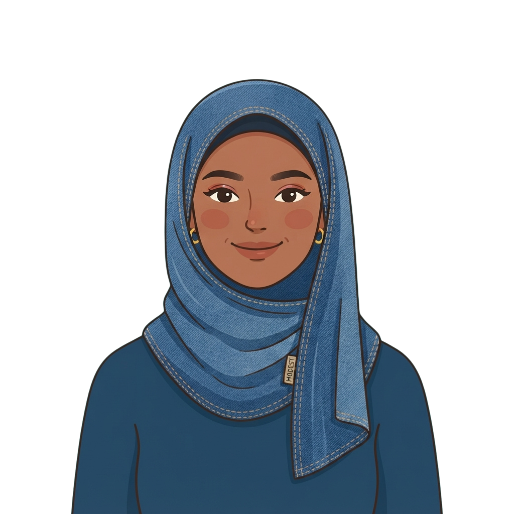 Illustration of a smiling woman wearing a blue hijab and matching top