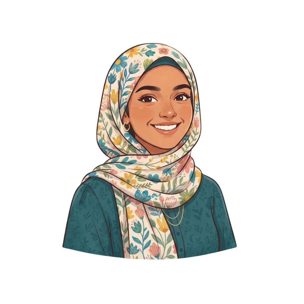 Illustration of a smiling woman wearing a colorful floral hijab and teal patterned top