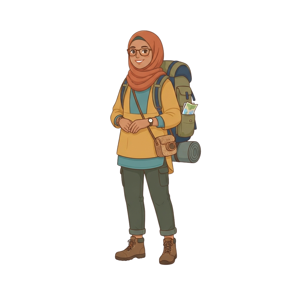 Smiling woman wearing a hijab, glasses, and hiking gear with a backpack, camera, and sleeping mat