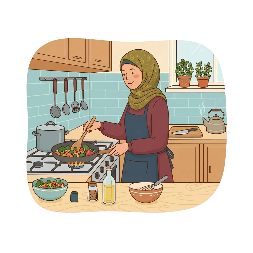 A person wearing a hijab cooking vegetables in a pan on a stove in a bright kitchen.
