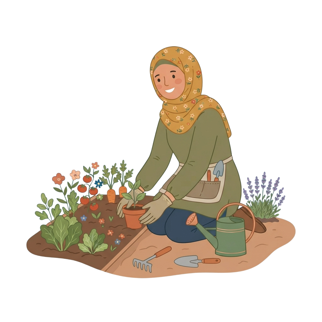 Illustration of a person kneeling in a garden planting seedlings with gardening tools nearby
