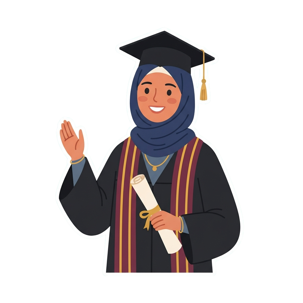 Smiling graduate in hijab wearing cap and gown waves while holding diploma