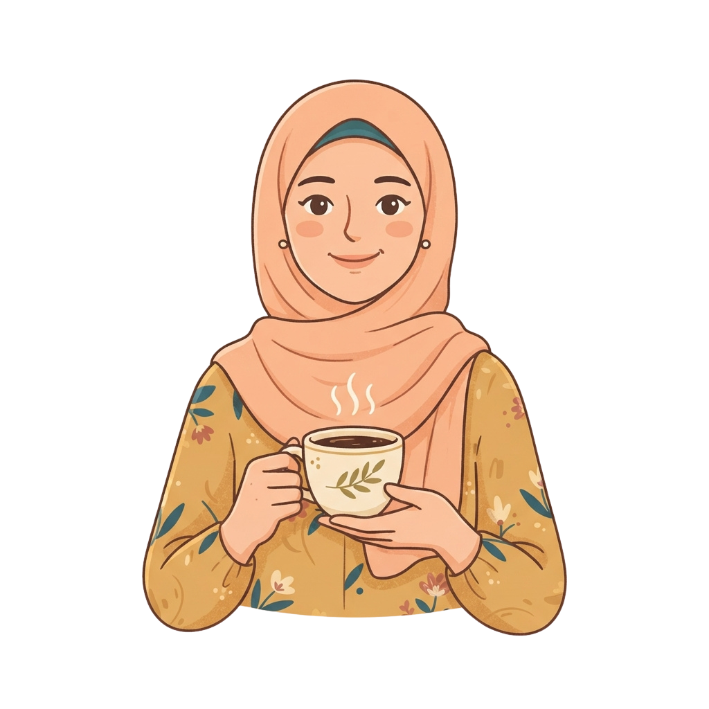 Smiling woman wearing a floral hijab holding a steaming coffee cup