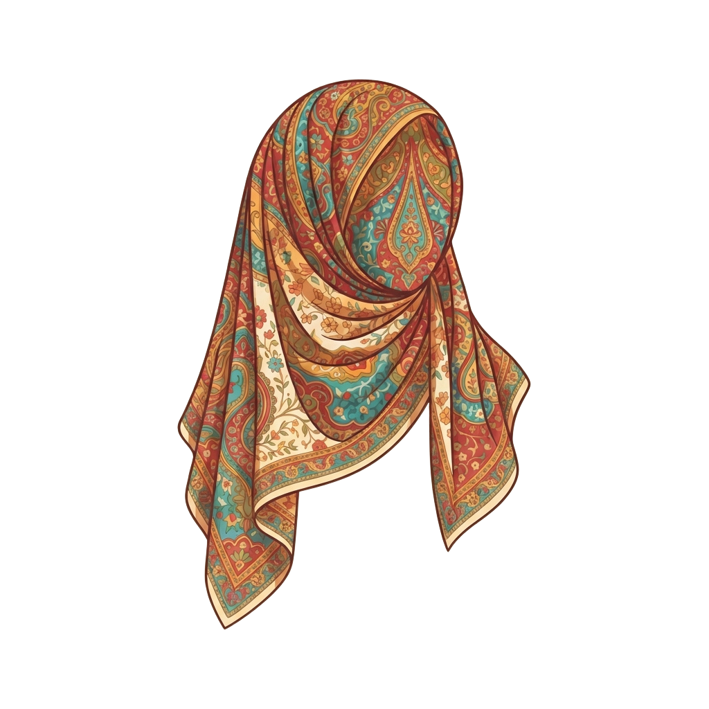 A richly patterned silk scarf with paisley designs in red, gold, and teal draped elegantly.