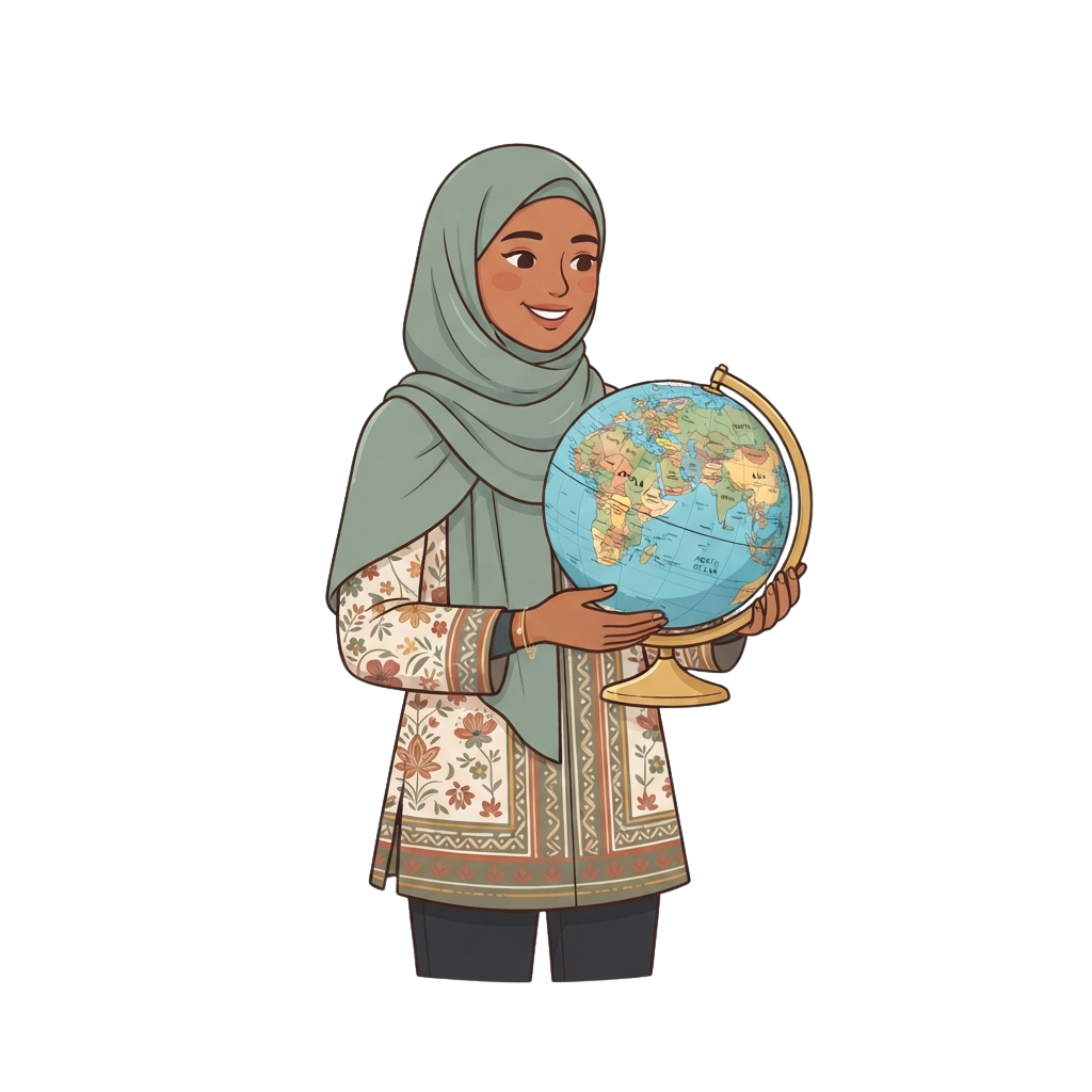 A smiling woman in a hijab holding a globe, symbolizing global connection and diversity.