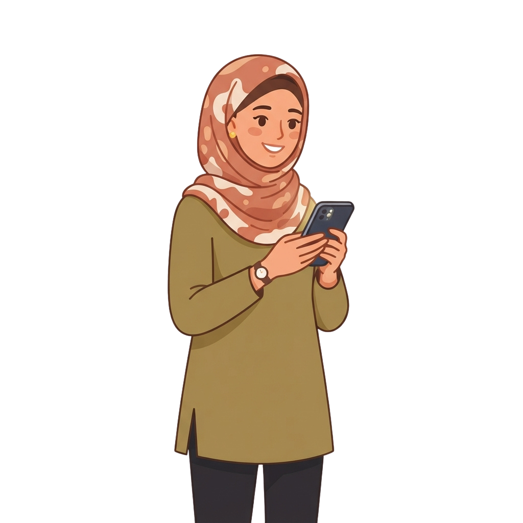Illustration of a smiling woman wearing a hijab and holding a smartphone
