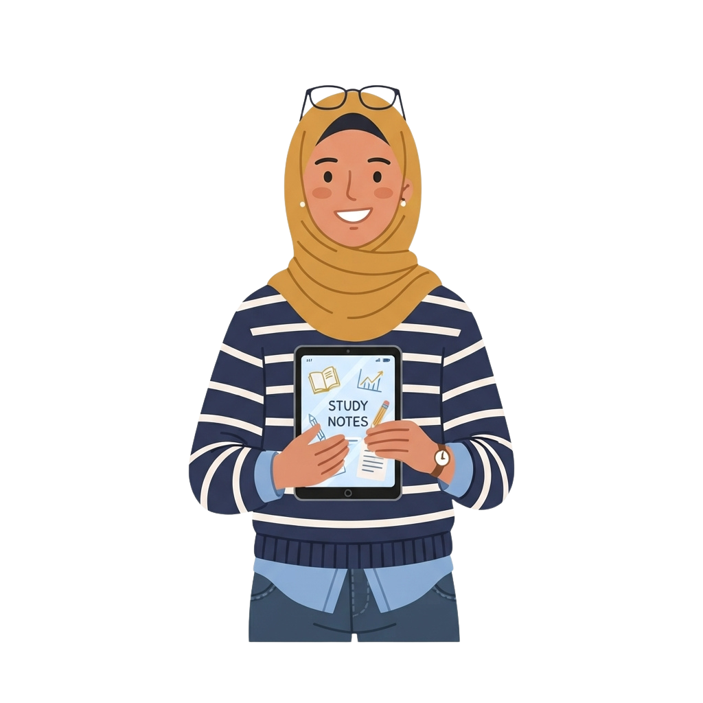Smiling person wearing hijab holding tablet displaying study notes with pencil icon