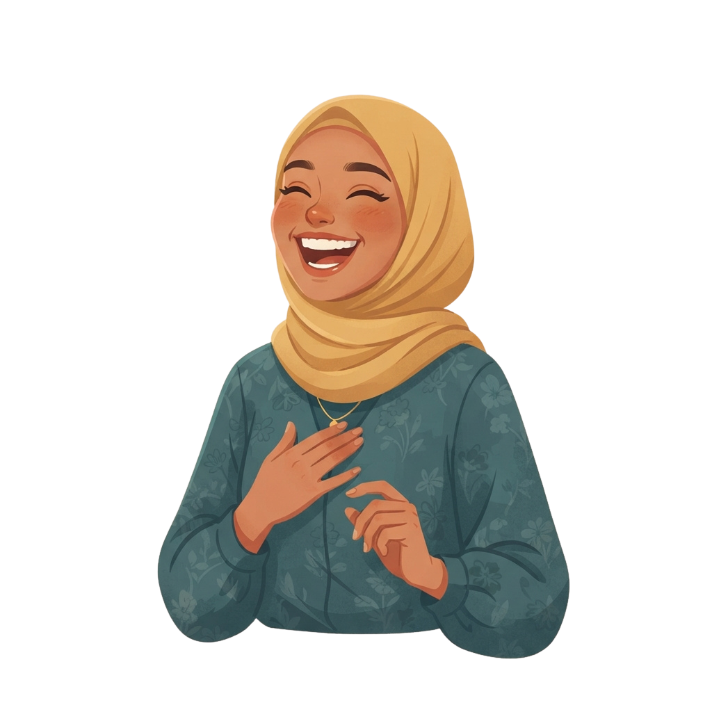 Illustration of a smiling woman wearing a yellow hijab and blue floral top clapping hands together