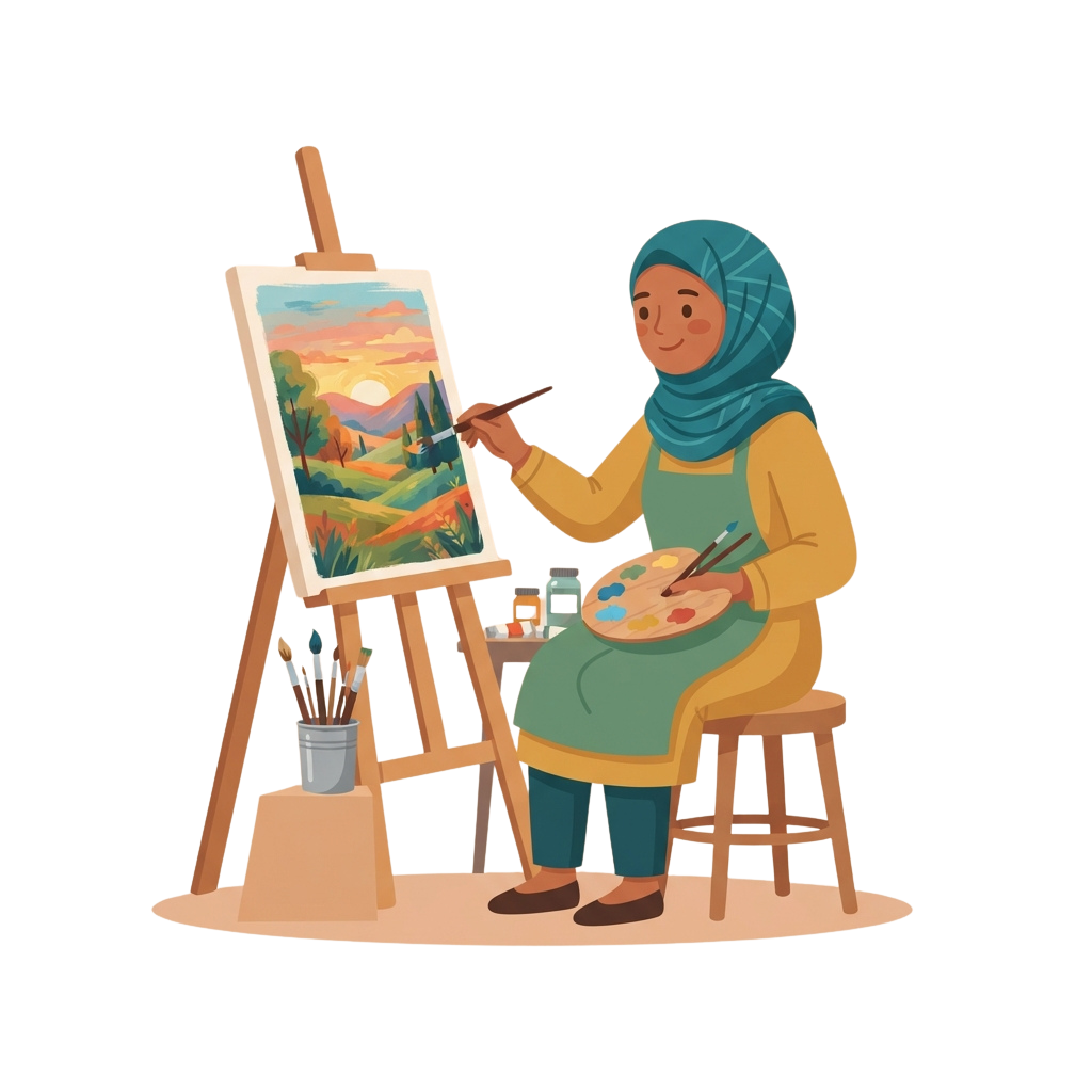 A person wearing a headscarf and green apron painting a landscape on an easel with brushes and a palette.