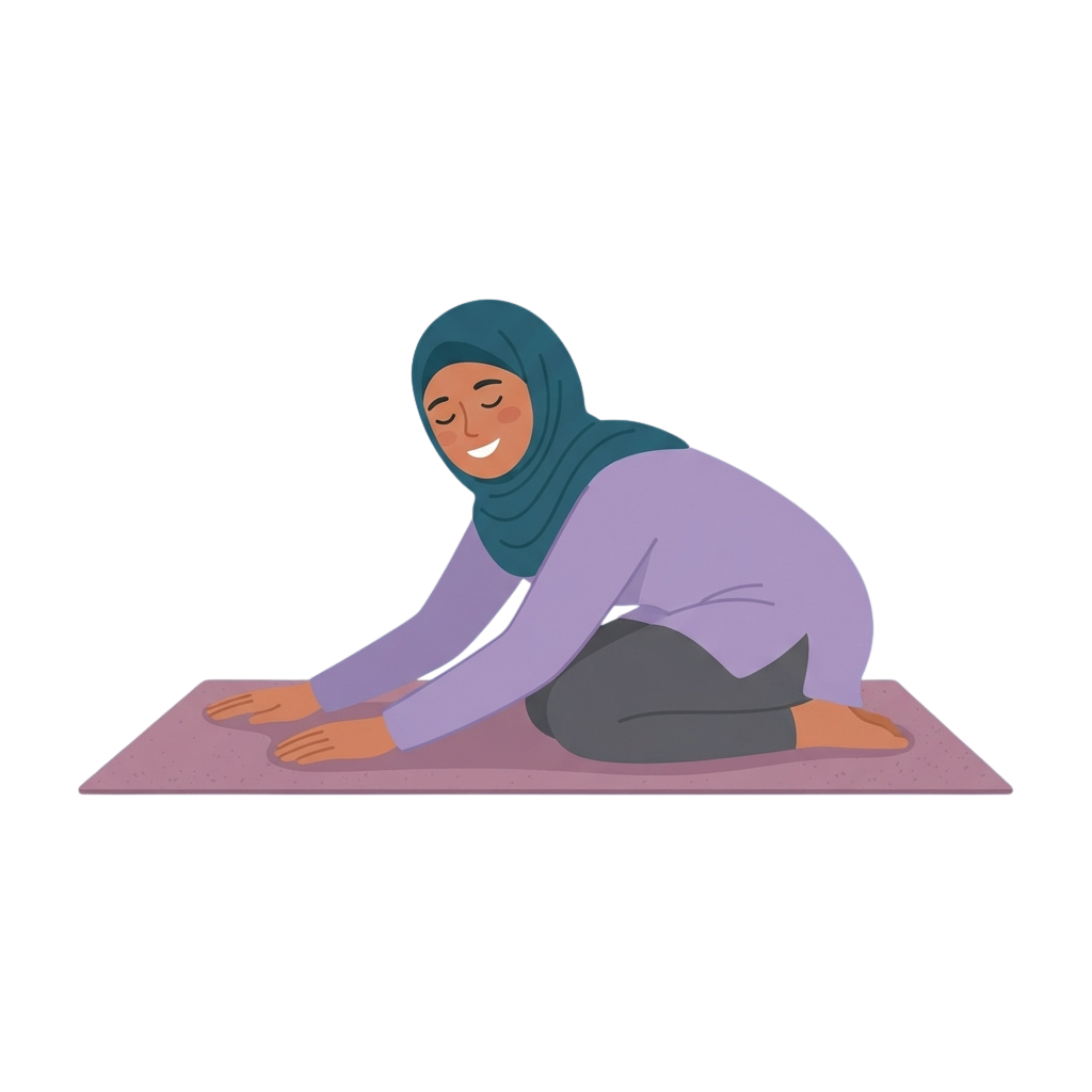 Person in a teal hijab doing childs pose yoga on a mat with hands extended forward