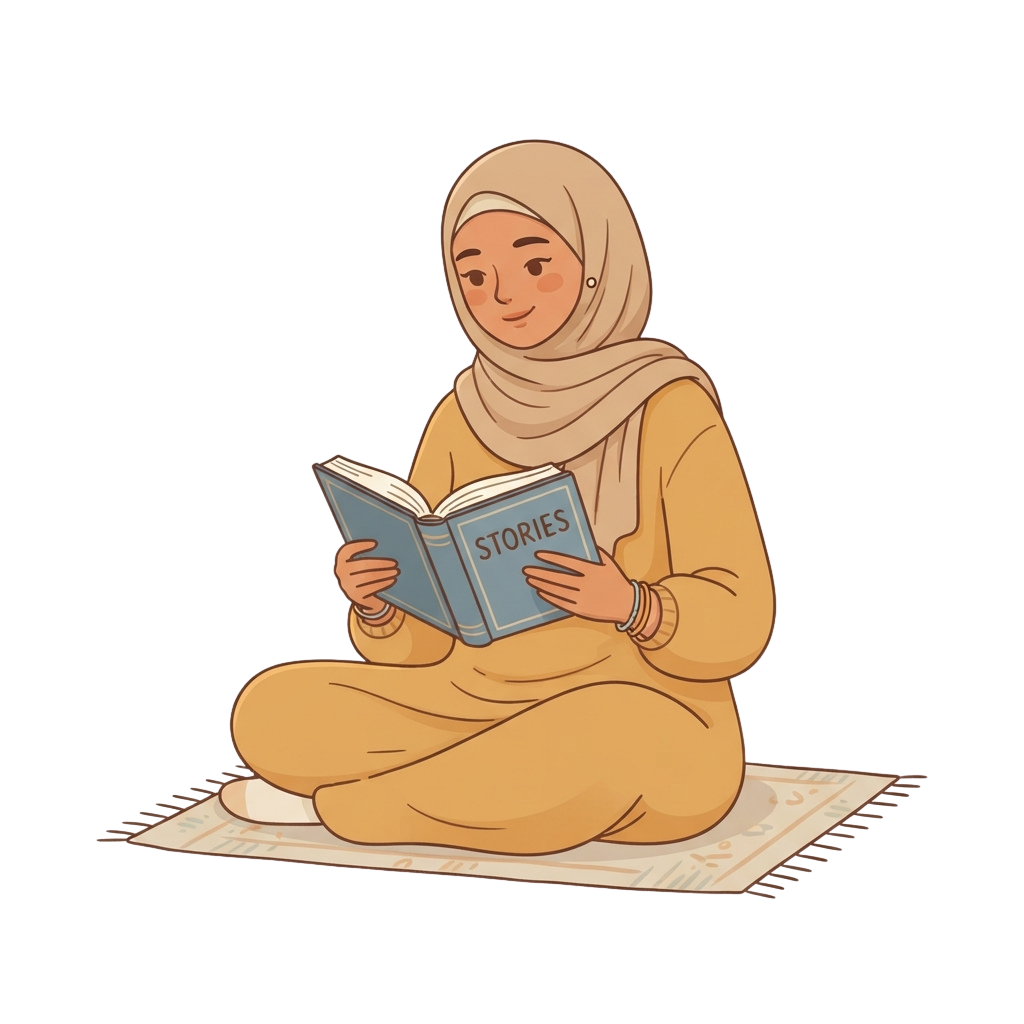 A person sitting cross-legged on a prayer mat reading an open book labeled Stories.