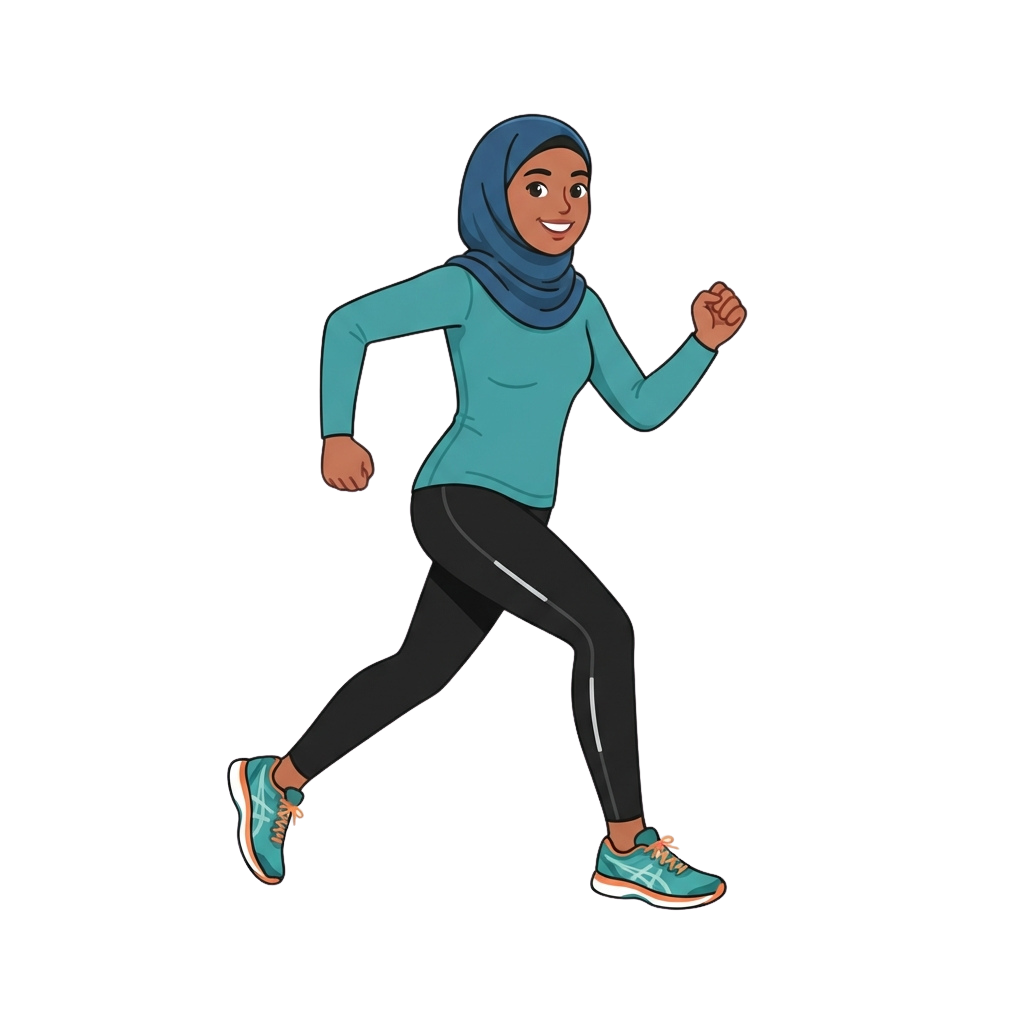 A woman wearing a hijab running in athletic gear with a smile on her face