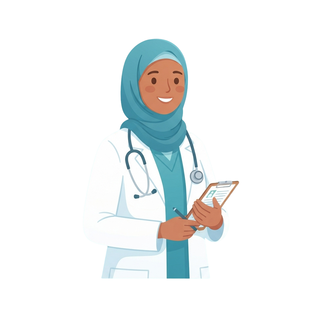 A smiling female doctor in a white coat and blue hijab holding a clipboard with a pen.