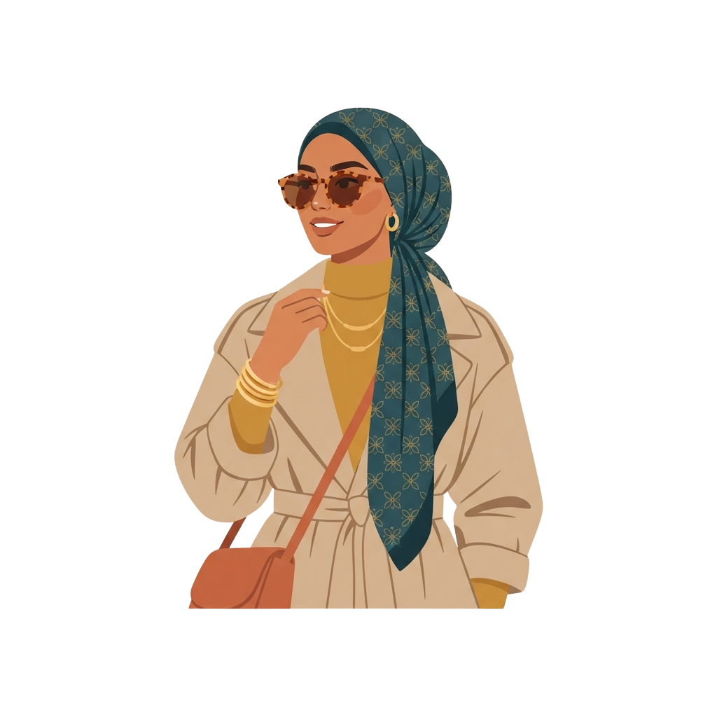 Illustration of a smiling woman wearing a hijab, sunglasses, a light coat, and carrying a red purse