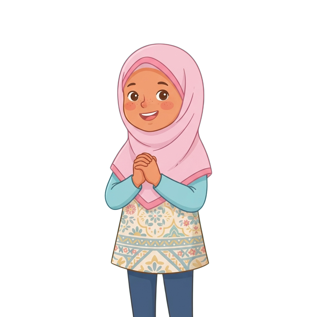 Smiling child with hands clasped, wearing a pink hijab, light blue sleeves, and a patterned dress with blue pants