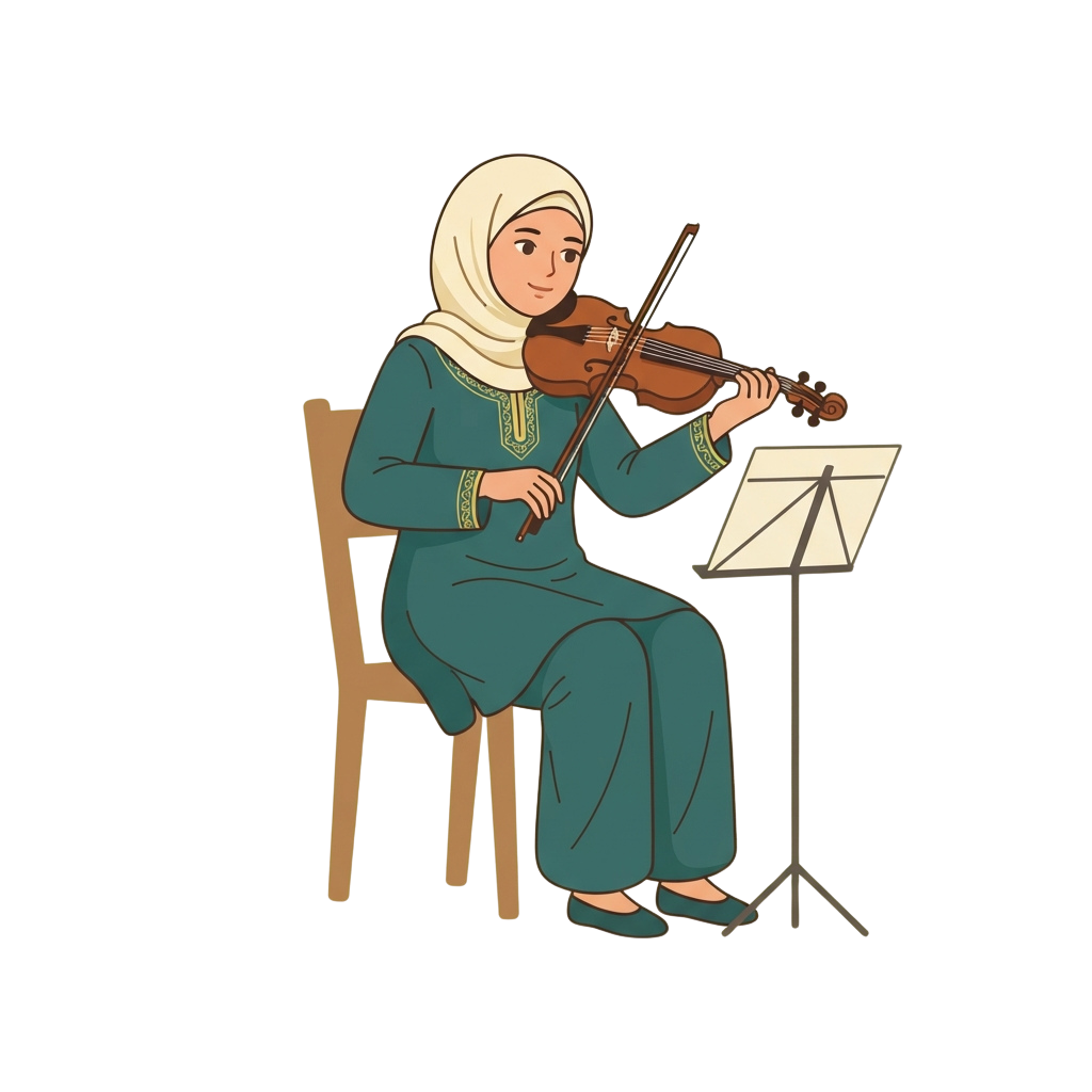 A woman wearing a hijab plays a violin while seated on a chair with a music stand beside her.
