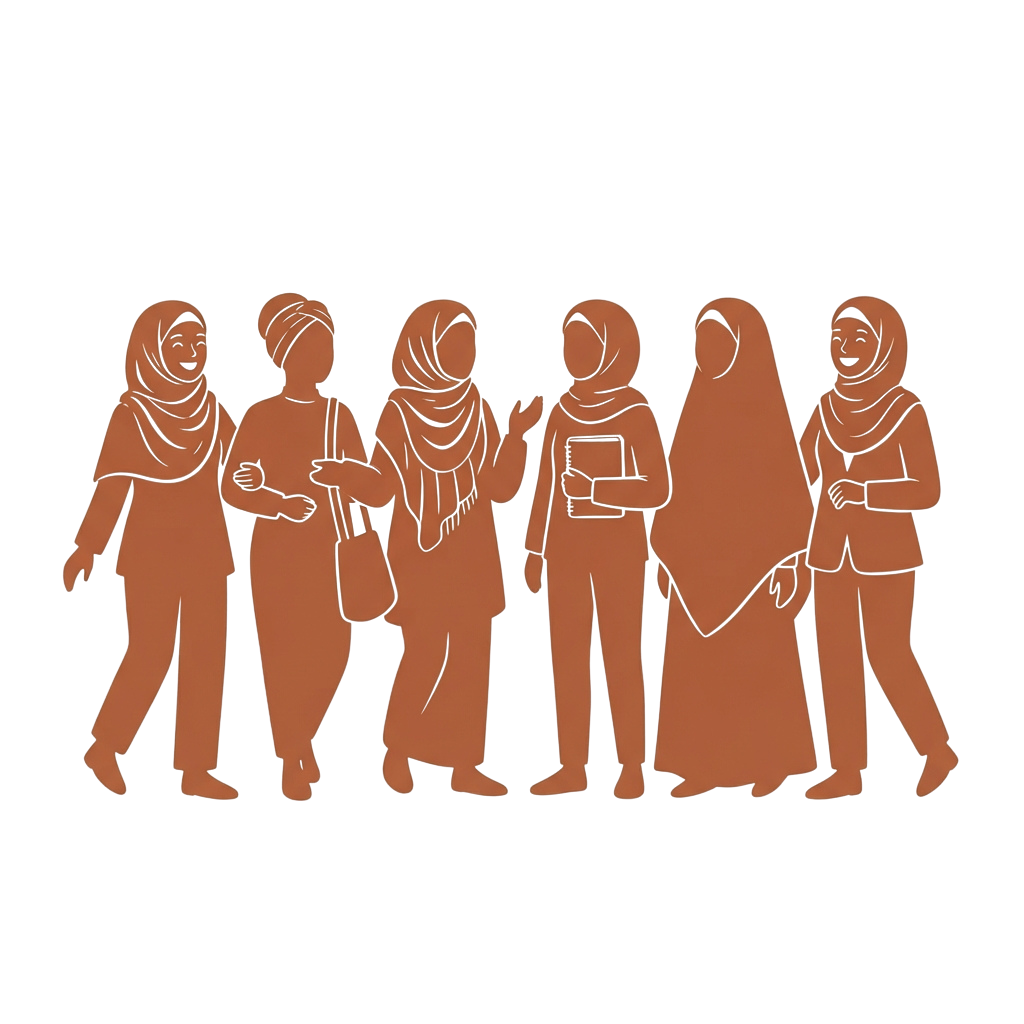 Five stylized illustrations of women walking together, wearing hijabs and diverse clothing.