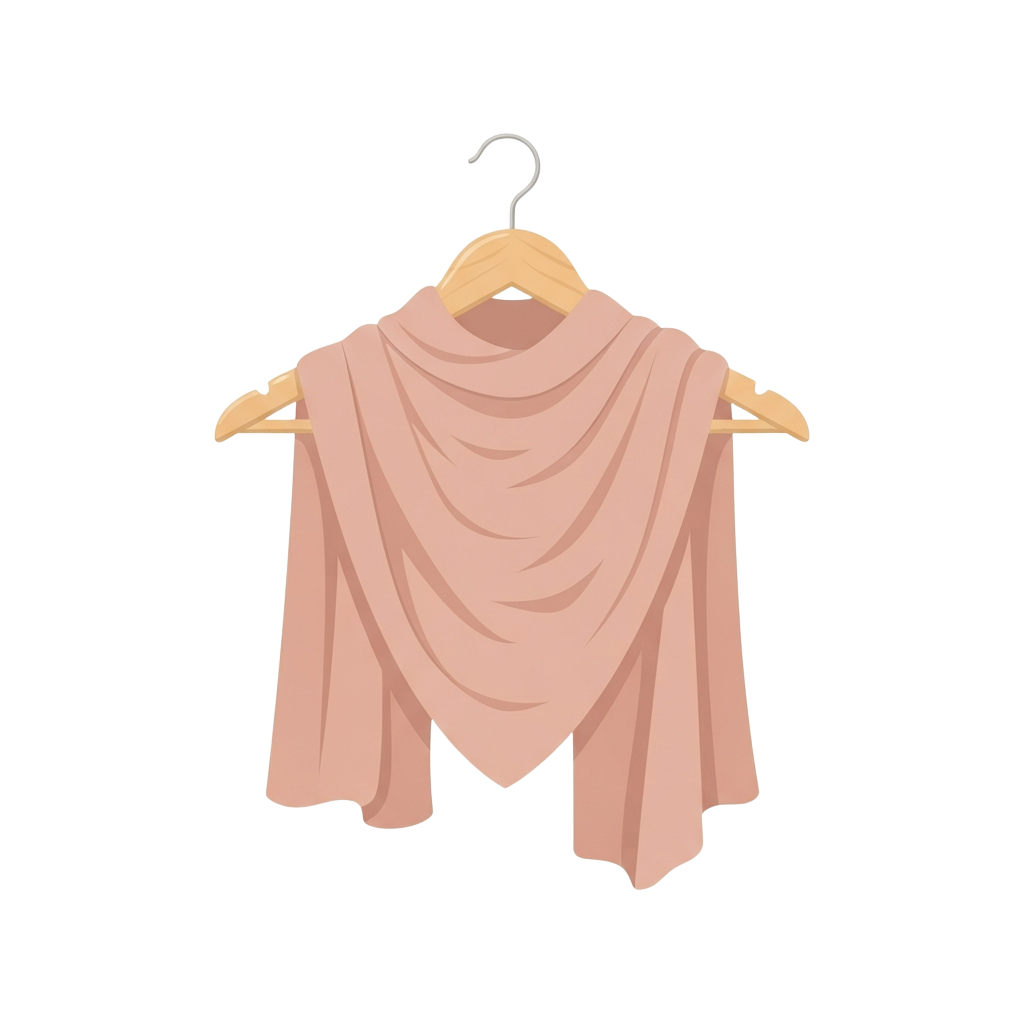 A pink, draped shawl hanging on a wooden hanger against a black background