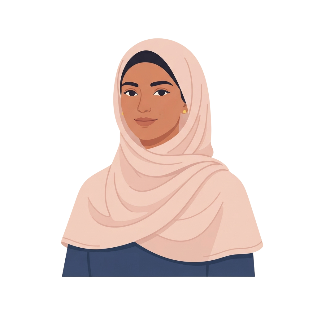 Illustration of a woman with a light-colored hijab and a blue top, facing forward