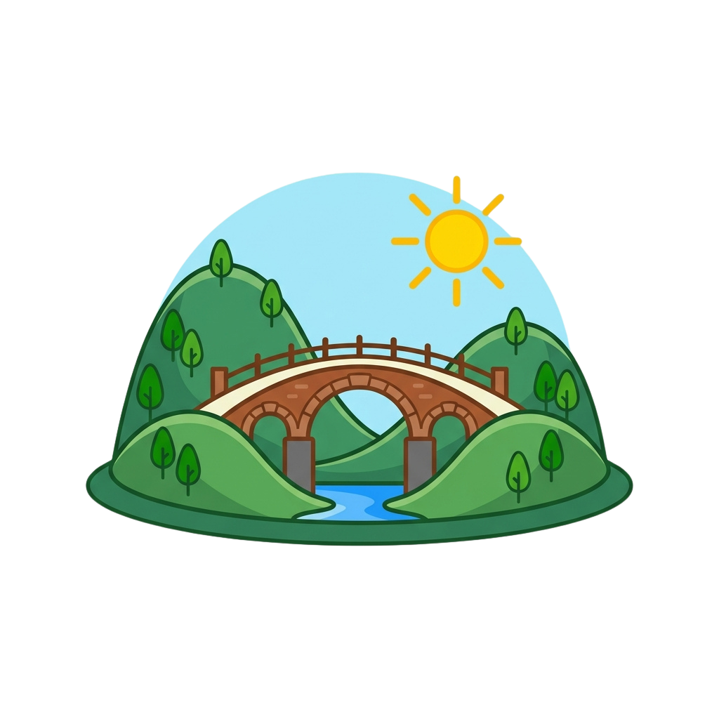 A colorful illustration of a stone bridge spanning a river surrounded by green hills under a bright, smiling sun.