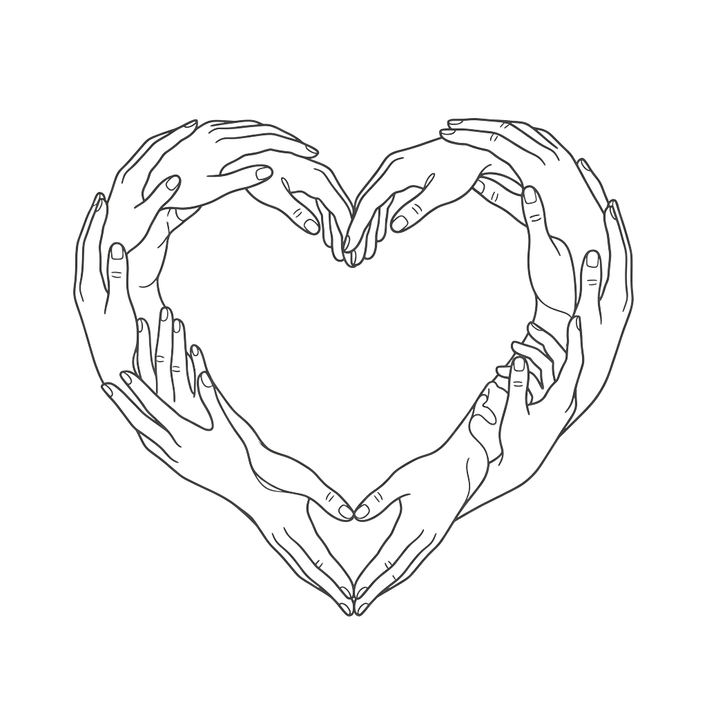 Two pairs of hands clasped together forming a heart shape
