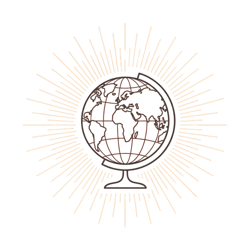 A stylized antique globe centered with a sunburst pattern radiating outward in a symmetrical design