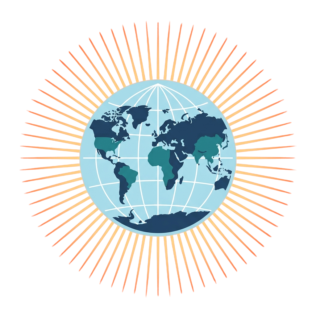 A stylized illustration of Earth at the center of a sunburst pattern radiating outward