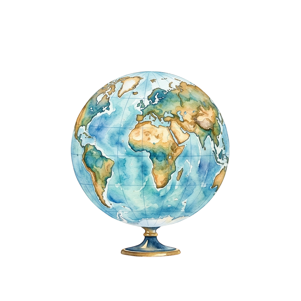 A watercolor-style globe on a gold stand against a black background
