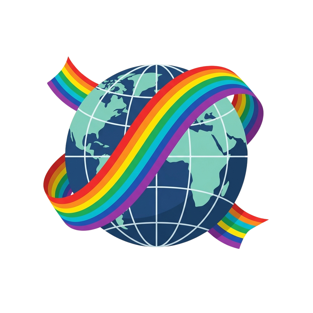 A globe wrapped with a colorful rainbow ribbon symbolizing unity and diversity.