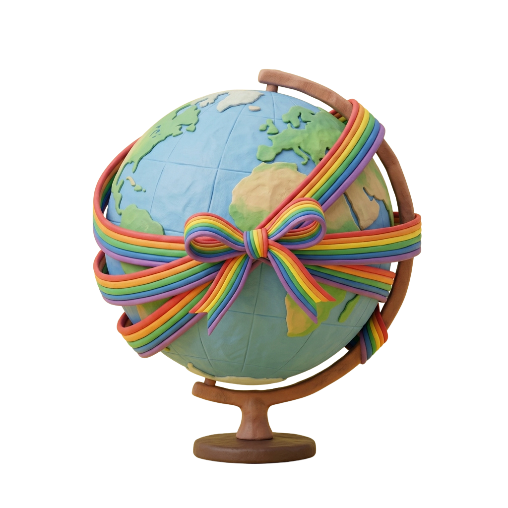 A globe wrapped with a rainbow ribbon tied in a decorative bow