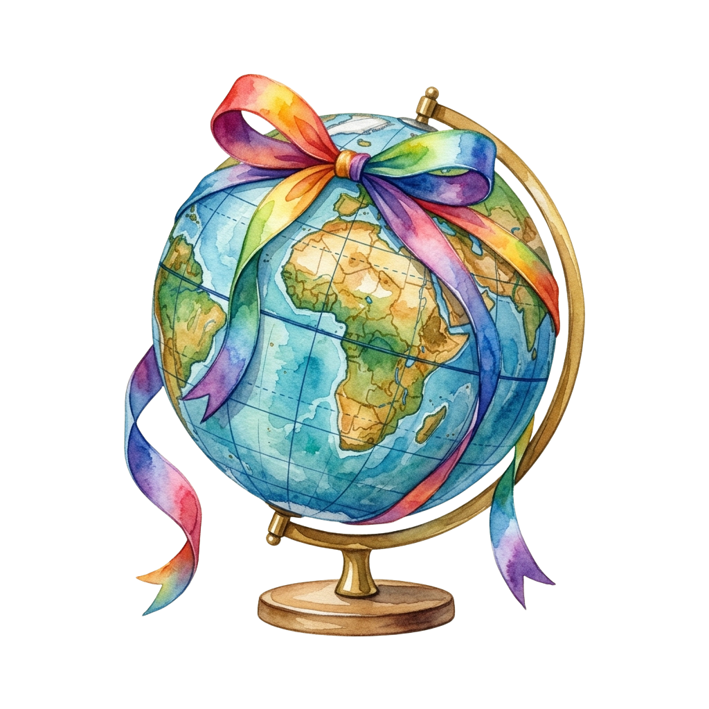 A decorative globe with a colorful ribbon tied in a large bow on top, standing on a wooden base.