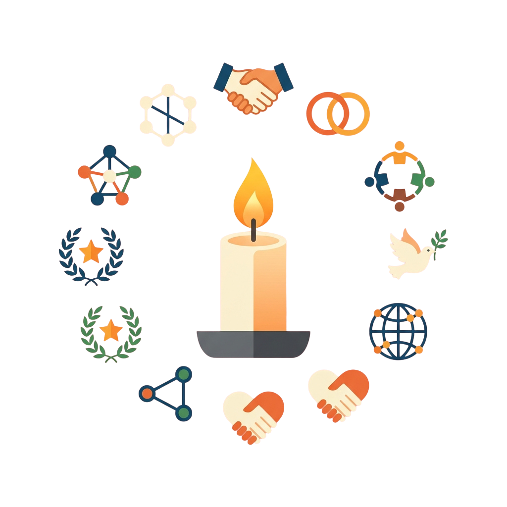 Illustration of a candle surrounded by icons representing unity, peace, connection, and global collaboration.