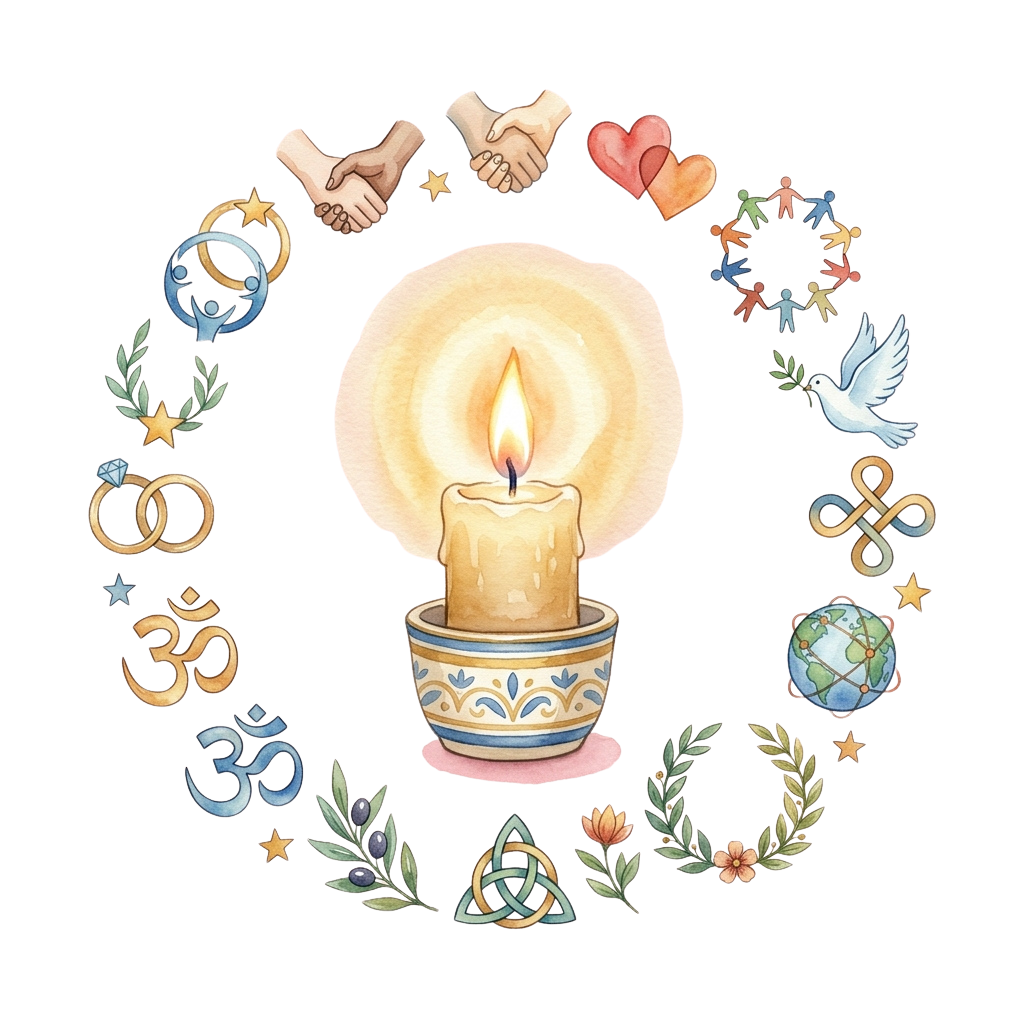 Mandala with central candle surrounded by symbols of love, unity, spirituality, and nature