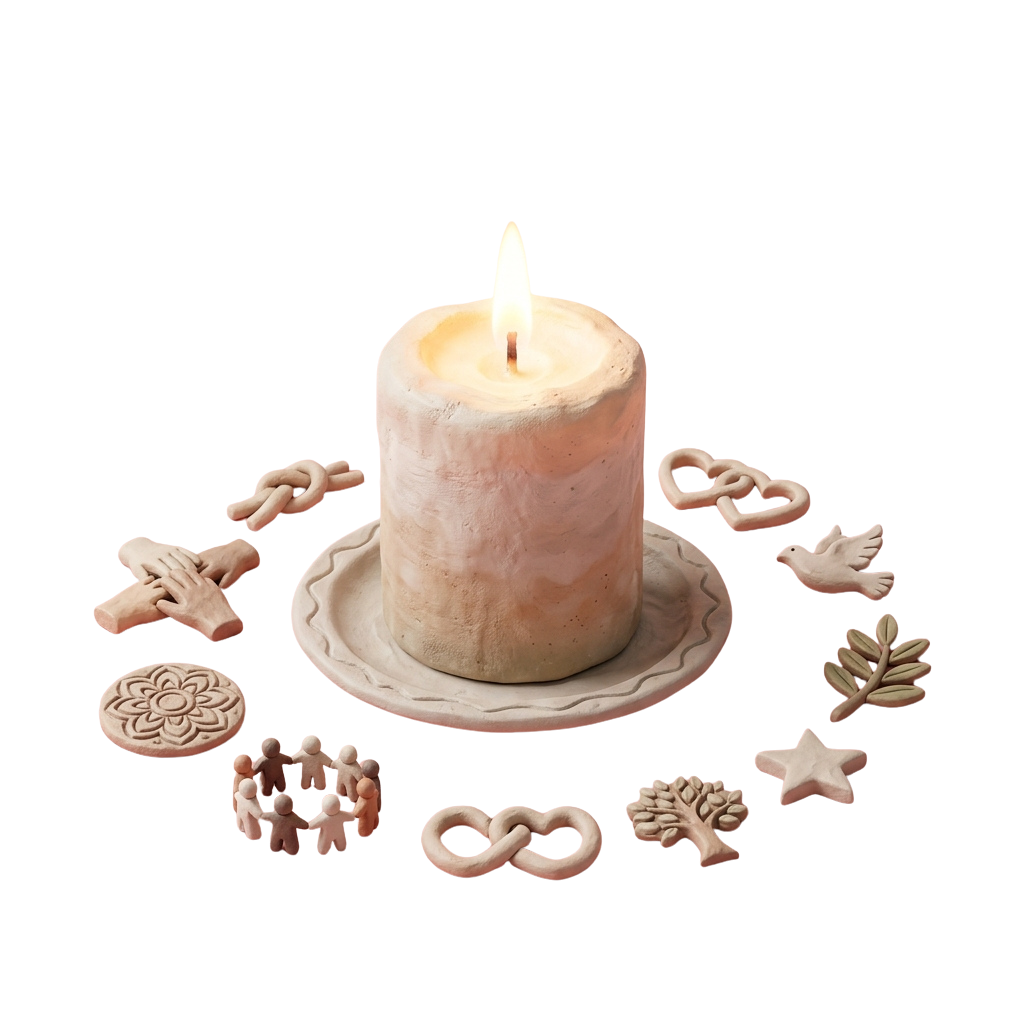 A lit candle surrounded by clay symbols including a cross, infinity sign, dove, tree, and star on a dark background