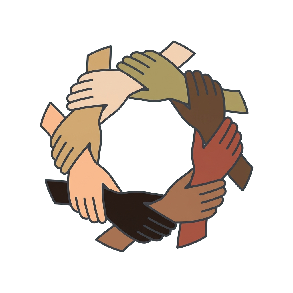 Illustration of eight hands of different skin tones holding together in a circle